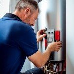 Technicien plombier-chauffagiste inspectant et réglant le panneau de contrôle d'un grand chauffe-eau à Thonon-les-Bains.