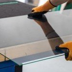 Découpe sur mesure d’un grand panneau de verre dans l’atelier de vitrerie