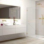 Salle de bain moderne équipée d’un miroir mural et d’un pare-douche en verre