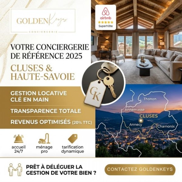 Infographie des services GoldenKeys : gestion locative clé en main, ménage pro et revenus optimisés à Cluses