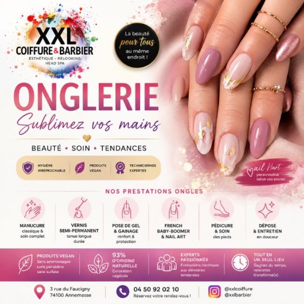 Bannière XXL Coiffure, onglerie à Annemasse présentant les services de coiffure, barbier et onglerie