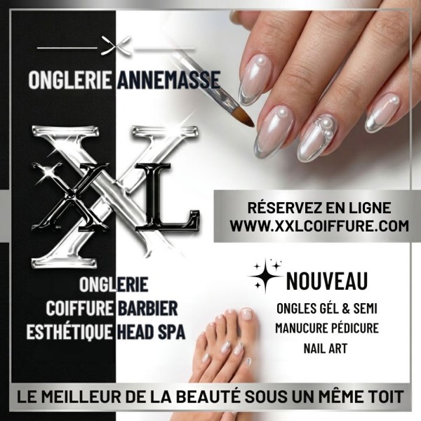 Bannière XXL Coiffure, onglerie à Annemasse présentant les services de coiffure, barbier et onglerie