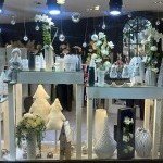 Vitrine d'hiver décorée avec des éléments floraux et hivernaux