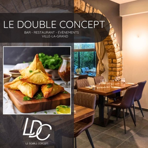 Flyer de présentation du restaurant Le Double Concept à Ville-la-Grand, spécialisé en viandes et événements festifs