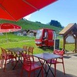 Terrasse ensoleillée du restaurant entourée de nature verdoyante